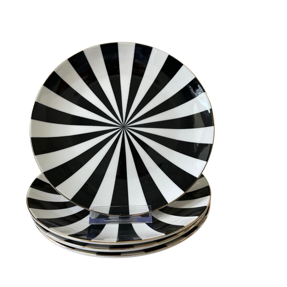 Christian Siriano Salad Plates 8in Porcelain Set of 4 Black White Candy Stripe - Picture 11 of 12